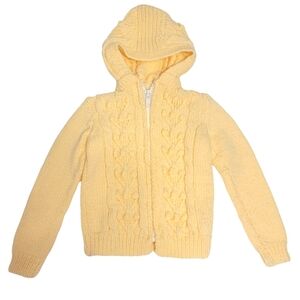 Vintage Kids Top Handmade Cable Knit Zip Up Hoodie Sweater Yellow Baby 9m - 12m